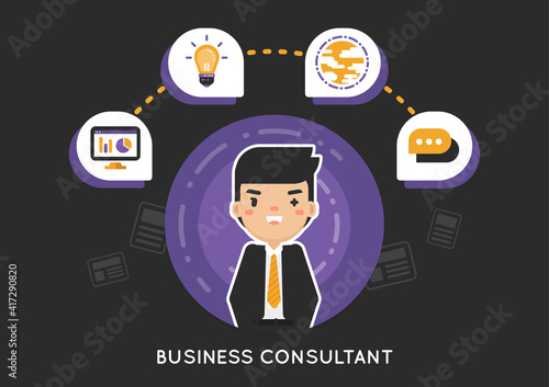 Happy Business Consultant in The Black Suit Concept, Training idea service from businessman in flat design style