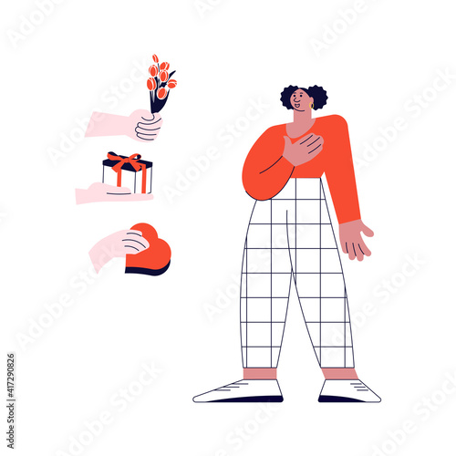 Young african woman happily takes different gifts. Giving gifts for a holiday concept isolated on white in modern outline minimalist design. Flat Art Vector Illustration.