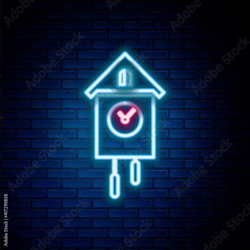 Glowing neon line Retro wall watch icon isolated on brick wall background. Cuckoo clock sign. Antique pendulum clock. Colorful outline concept. Vector.