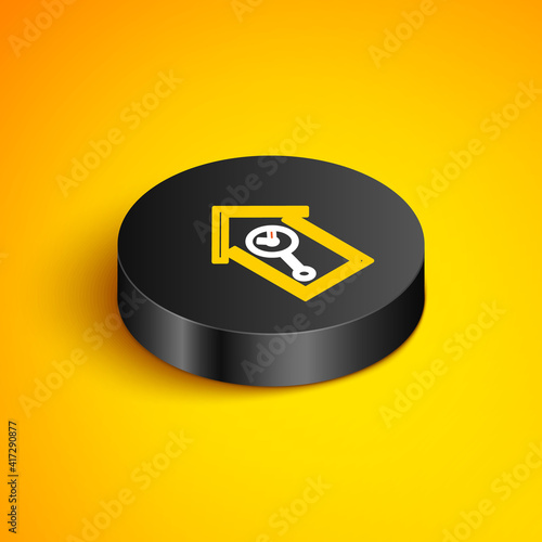 Isometric line Retro wall watch icon isolated on yellow background. Cuckoo clock sign. Antique pendulum clock. Black circle button. Vector.