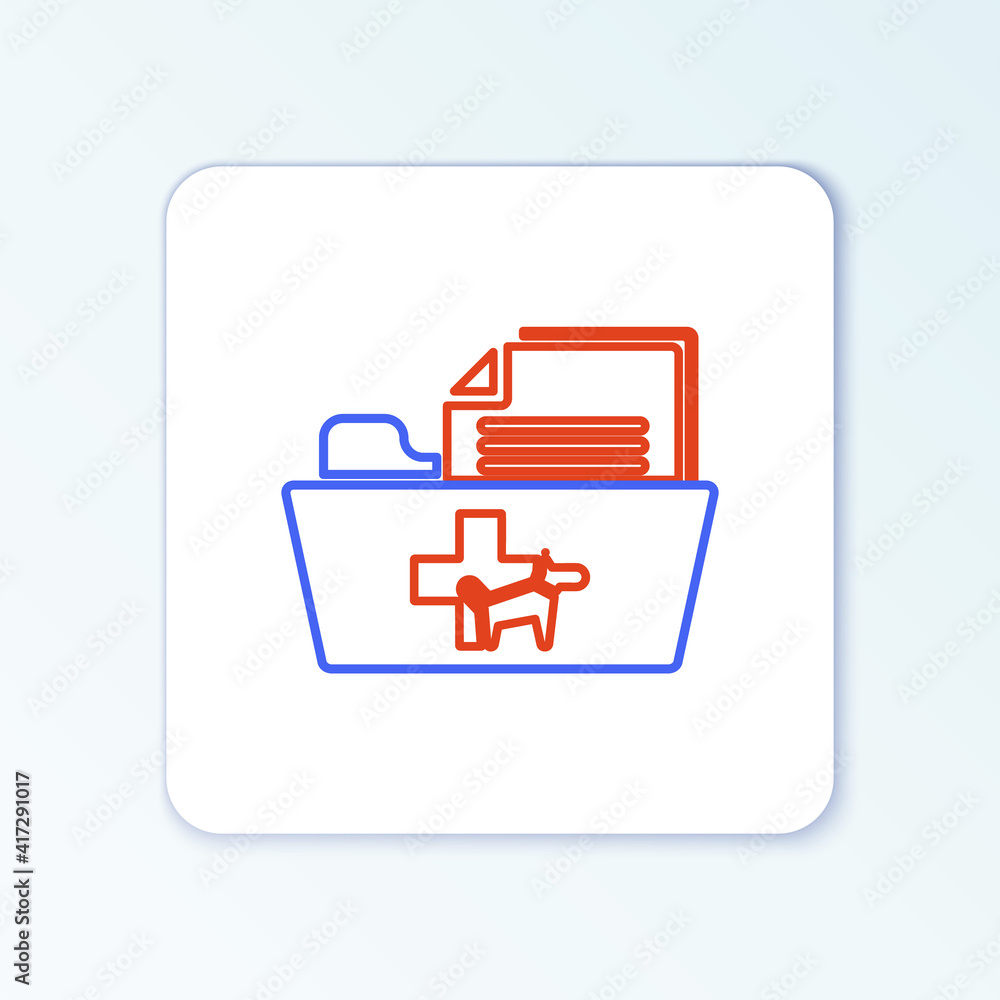 Line Medical veterinary record folder icon isolated on white background. Dog or cat paw print. Document for pet. Patient file icon. Colorful outline concept. Vector. Line Medical veterinary record folder icon isolated on white background. Dog or cat paw print. Document for pet. Patient file icon. Colorful outline concept. Vector.