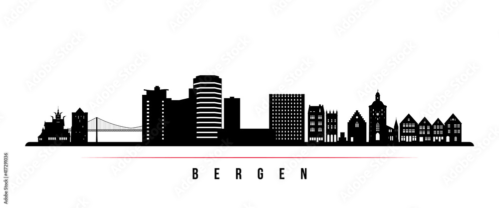 Bergen skyline horizontal banner. Black and white silhouette of Bergen, Norway. Vector template for your design.