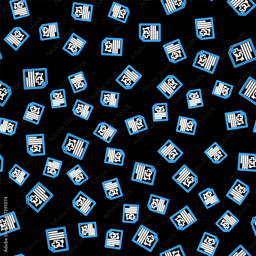 Line Medical certificate for travel with dog or cat icon isolated seamless pattern on black background. Document for pet. Dog or cat paw print. Vector. Line Medical certificate for travel with dog or cat icon isolated seamless pattern on black background. Document for pet. Dog or cat paw print. Vector.