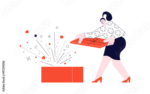 Young woman opened huge gift with surprise . Giving gifts for a holiday concept isolated on white in modern outline minimalist design. Flat Art Vector Illustration.
