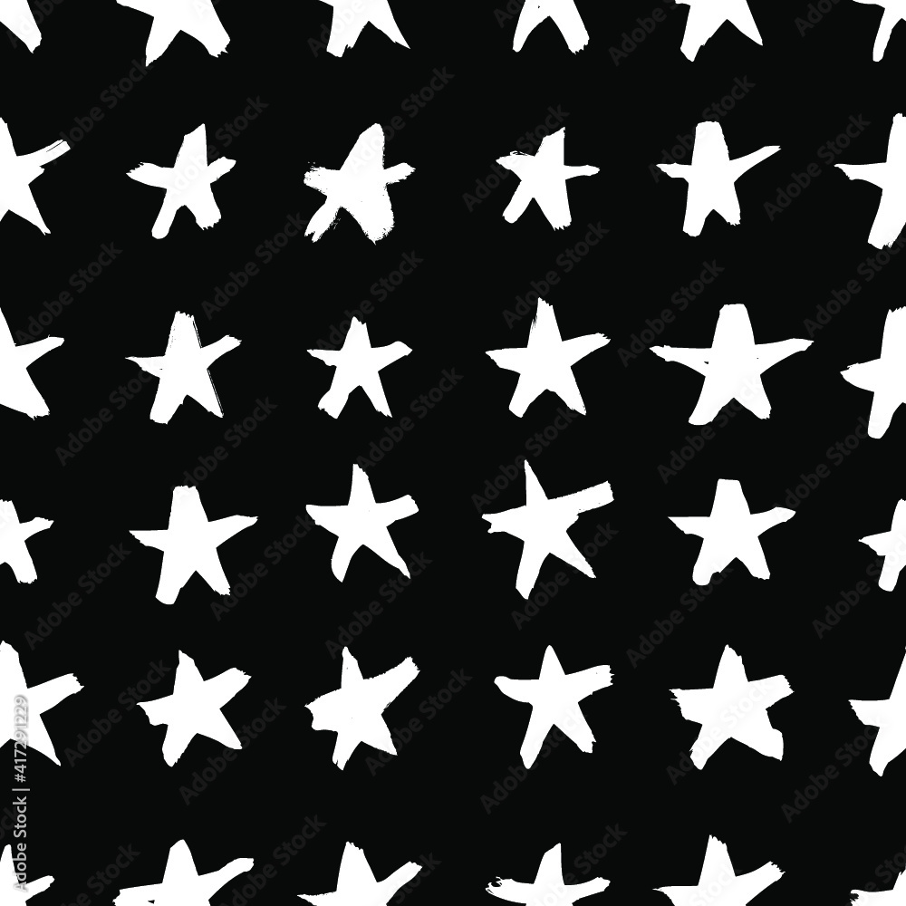 Fototapeta premium Vector art illustration grunge stars. Set of hand drawn paint object snowflakes for design. Black and white shine background. Abstract brush drawing