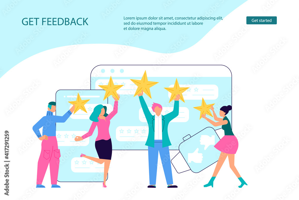 Landing webpage template of Customer review and satisfaction ratingr. Tiny people with stars giving their choice for feedback concept. Flat Art Vector Illustration.