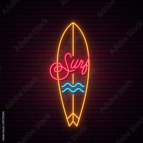 Neon surfboard sign. Glowing surf emblem in retro style. Bright light signboard. Vector illustration.