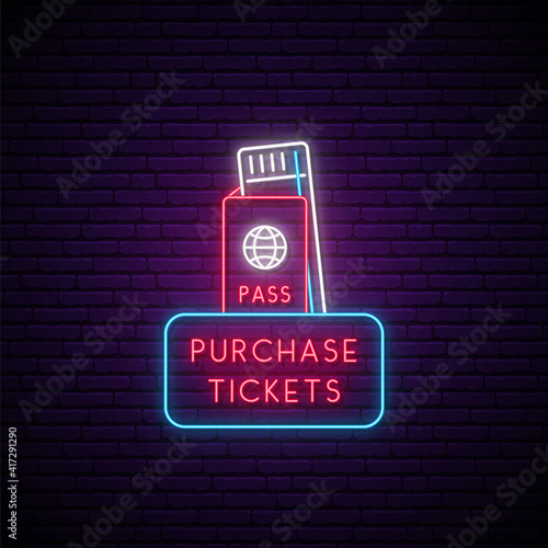 Neon tickets sign. Glowing boarding pass icon on brick wall background. Vector illustration in neon style.