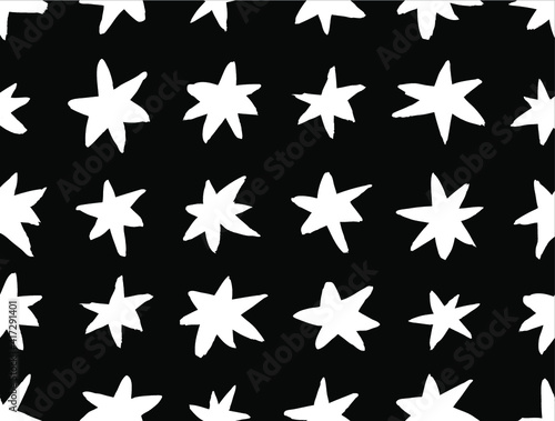 Vector art illustration grunge stars. Set of hand drawn paint object snowflakes for design. Black and white shine background. Abstract brush drawing