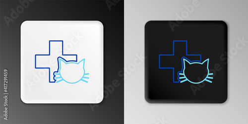 Line Veterinary clinic symbol icon isolated on grey background. Cross with cat veterinary care. Pet First Aid sign. Colorful outline concept. Vector.