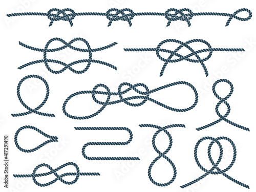 Set of nautical rope knots. Marine rope knot