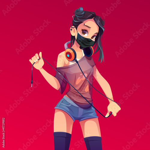 Dj girl in black mask, modern clothes, hairstyle and piercing holding wire of headphones hang on neck. Young sexy caucasian teen woman disc jockey in shorts and stockings. Cartoon vector illustration
