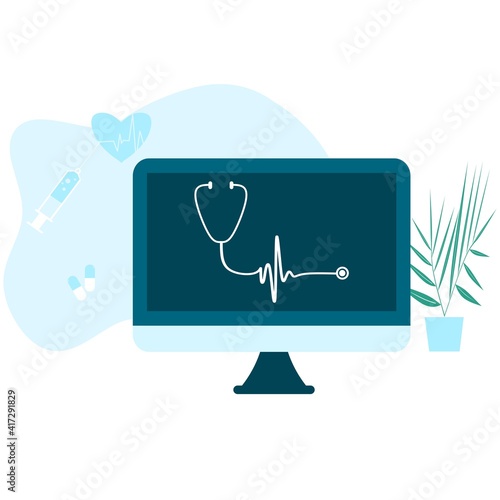 Online tele medicine flat illustration. Online medical consultation and treatment via application of computer connected internet clinic. Online ask doctor consultation technology in mobile vector.