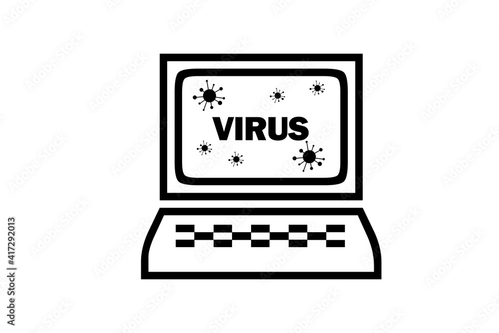 Symbol eines Computers mit Viren und dem Schlagwort VIRUS auf weißen Hintergrund Symbol eines Computers mit Viren und dem Schlagwort VIRUS auf weißen Hintergrund