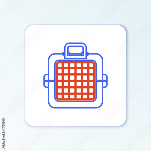 Line Pet carry case icon isolated on white background. Carrier for animals, dog and cat. Container for animals. Animal transport box. Colorful outline concept. Vector.