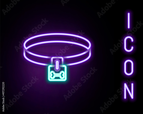 Glowing neon line Dog collar with name tag and bone plaque icon isolated on black background. Supplies for domestic animal. Cat and dog care. Pet dog chains. Colorful outline concept. Vector.
