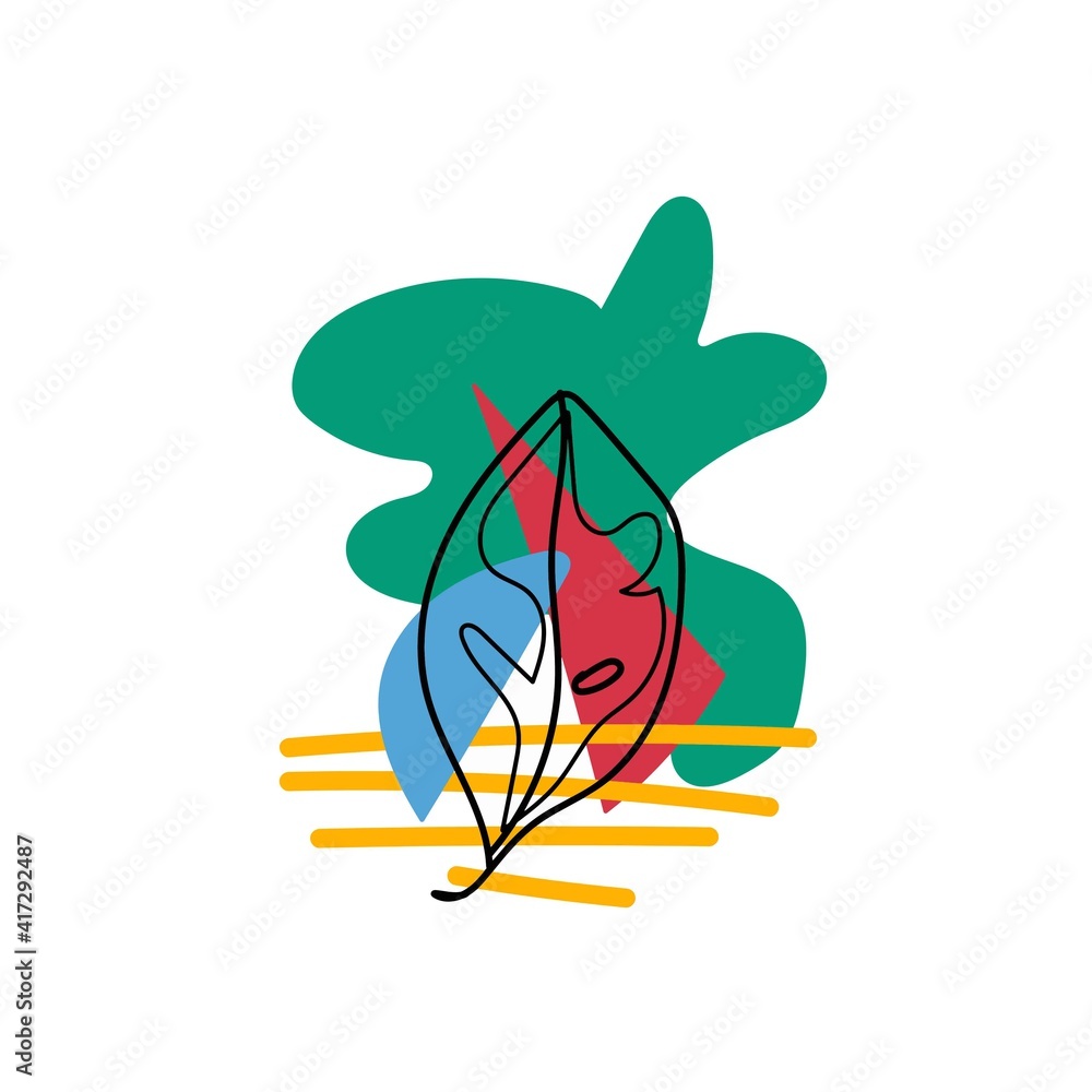 Vector composition of bright spots and tropical leaf hand drawn.Abstract illustration in on-trend colors and calanthea plants on white isolated background.Design for t-shirts,stickers,packaging,cards Vector composition of bright spots and tropical leaf hand drawn.Abstract illustration in on-trend colors and calanthea plants on white isolated background.Design for t-shirts,stickers,packaging,cards