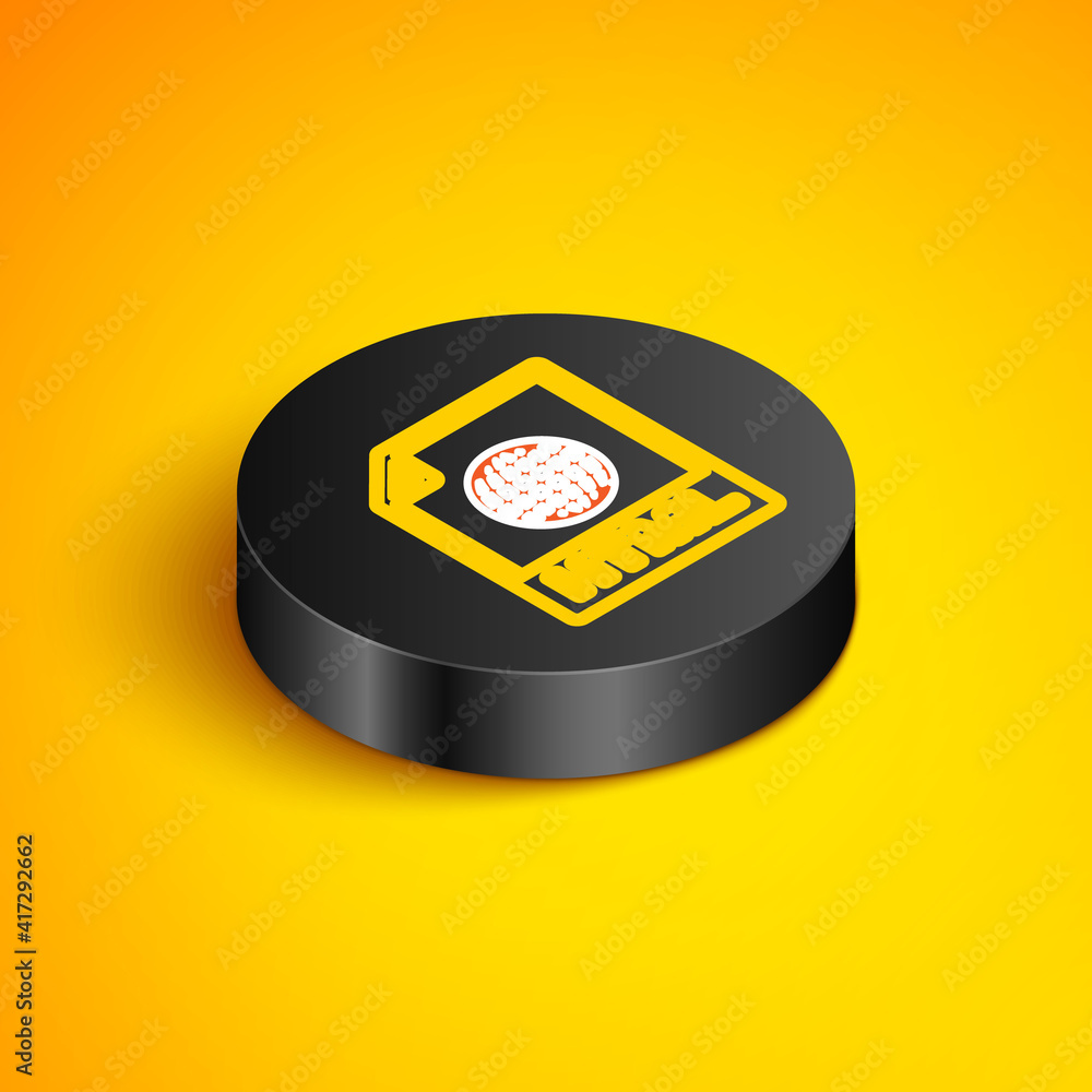 Isometric line HTML file document. Download html button icon isolated on yellow background. HTML file symbol. Markup language symbol. Black circle button. Vector. Isometric line HTML file document. Download html button icon isolated on yellow background. HTML file symbol. Markup language symbol. Black circle button. Vector.