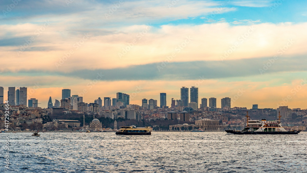 Fototapeta premium Cruise ferries in Bosphorus between european and asian coasts of Istanbul. Turkey.