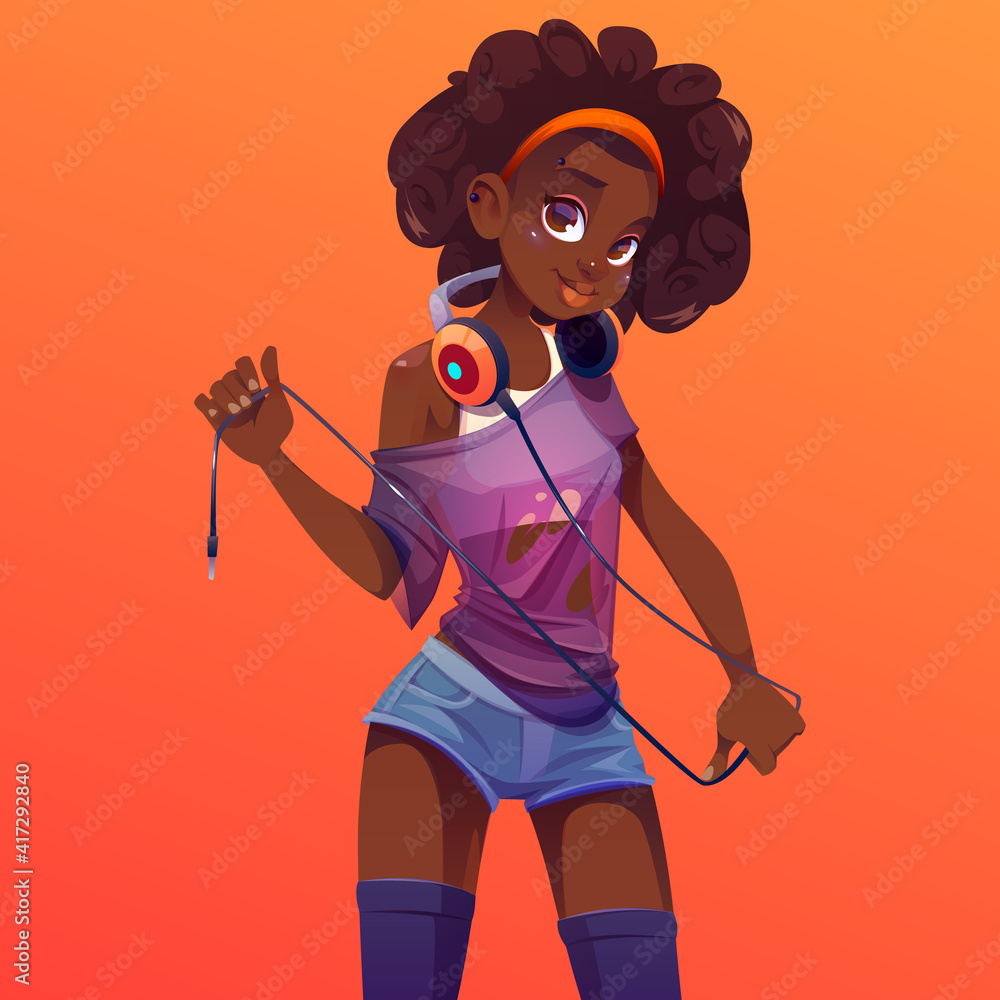Afro dj girl in headphones on neck, modern clothes and curly hairstyle.  Young sexy woman with