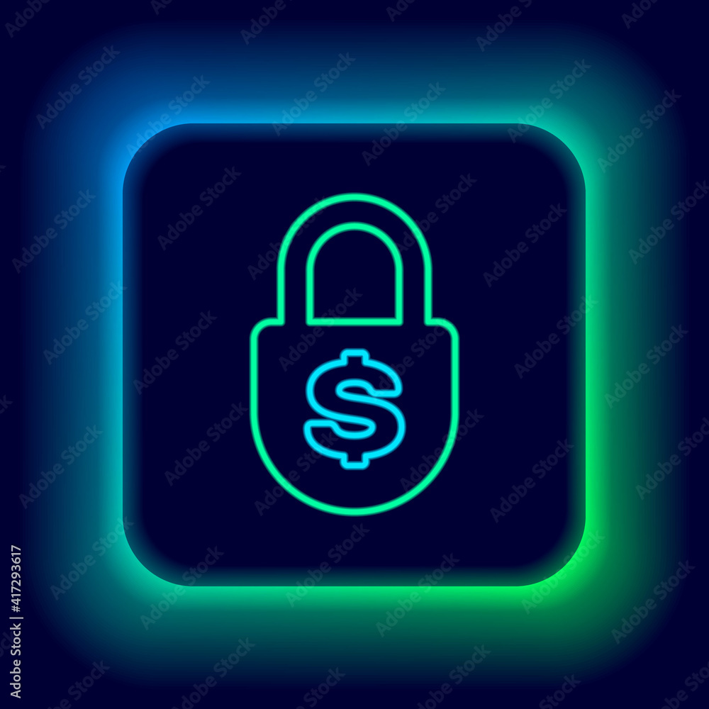 Glowing neon line Money lock icon isolated on black background. Padlock and dollar symbol. Finance, security, safety, protection, privacy concept. Colorful outline concept. Vector. Glowing neon line Money lock icon isolated on black background. Padlock and dollar symbol. Finance, security, safety, protection, privacy concept. Colorful outline concept. Vector.
