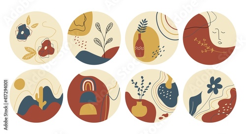 Vector set of round boho icons and emblems for social media story highlight covers. Hand-drawn trendy design templates for bloggers, designers and photographers.