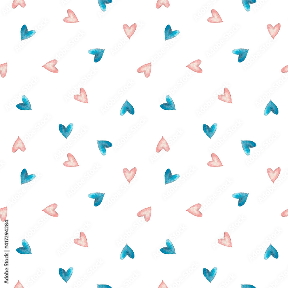Repeated hearts drawn by hand with watercolour brush. Cute seamless pattern. Endless girly print. watercolor illustration. Repeated hearts drawn by hand with watercolour brush. Cute seamless pattern. Endless girly print. watercolor illustration.