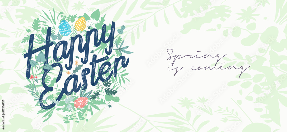 Happy Easter. Vector, Easter illustration. Flowers, Easter eggs, rabbit. Spring flower illustration. Perfect for a poster, cover, or postcard.