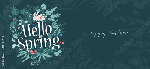 Hello Spring. A composition of flowers and inscriptions. Spring, summer vector illustration. Poster, banner, postcard.