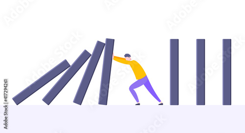 Business resilience or domino effect metaphor vector illustration concept. Adult young businessman pushing falling domino line business concept of problem solving and stopping domino chain reaction.