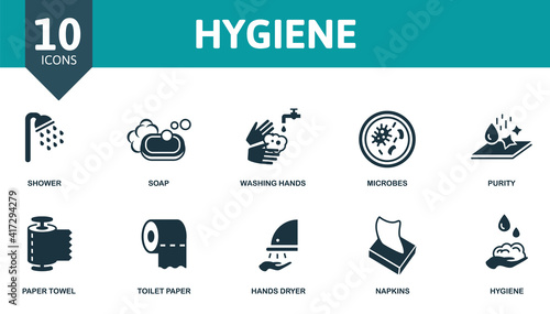 Hygiene icon set. Contains editable icons hygiene theme such as soap, microbes, paper towel and more.