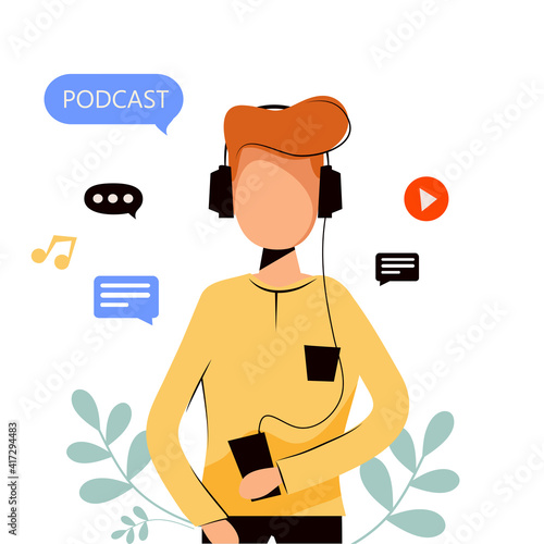 Man listening podcast or vlog in headphones on his phone. Vector flat illustration.