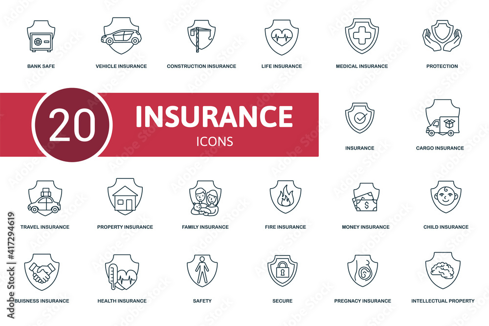 Naklejka Insurance icon set. Contains editable icons insurance theme such as travel, life insurance, property insurance and more.