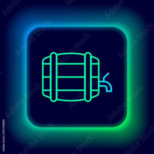 Glowing neon line Wooden barrel on rack with stopcock icon isolated on black background. Colorful outline concept. Vector.