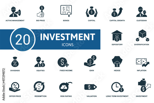Investment icon set. Contains editable icons investment theme such as bid price, capital, custodian and more.