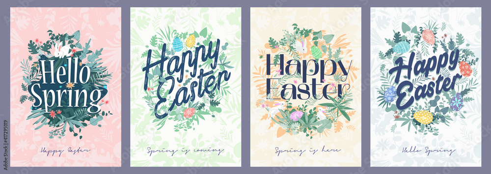 Happy Easter. A set of vector Easter illustrations.  Flowers, Easter eggs, rabbit. Spring flower illustration. Perfect for a poster, cover, or postcard.