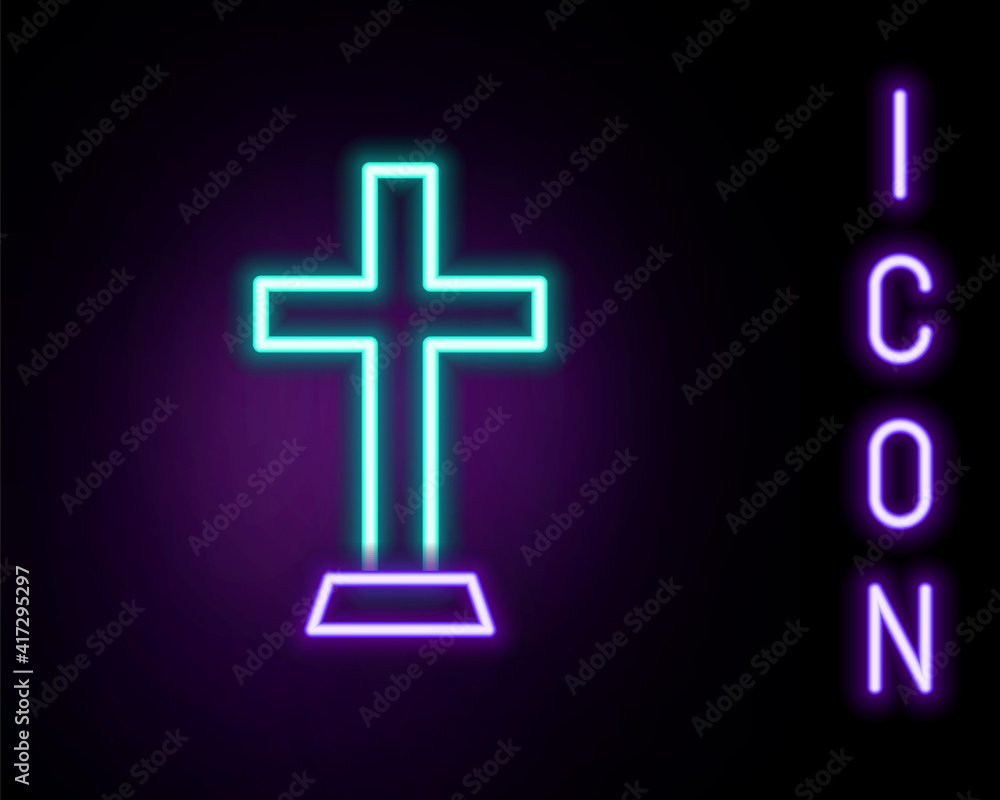 Glowing neon line Christian cross icon isolated on black background. Church cross. Colorful outline concept. Vector. Glowing neon line Christian cross icon isolated on black background. Church cross. Colorful outline concept. Vector.
