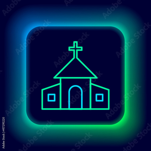 Glowing neon line Church building icon isolated on black background. Christian Church. Religion of church. Colorful outline concept. Vector.