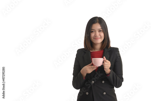 Asian business woman is holding a cup of coffee and expressing joy. On white Background.