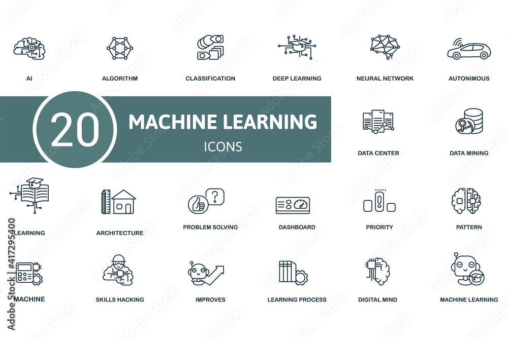 Machine Learning icon set. Contains editable icons theme such as , algorithm, deep learning and more.