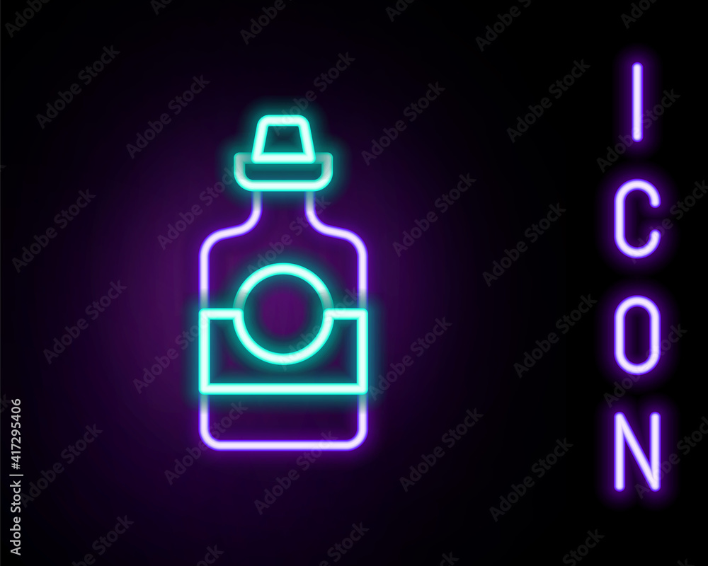 Glowing neon line Tequila bottle icon isolated on black background. Mexican alcohol drink. Colorful outline concept. Vector. Glowing neon line Tequila bottle icon isolated on black background. Mexican alcohol drink. Colorful outline concept. Vector.