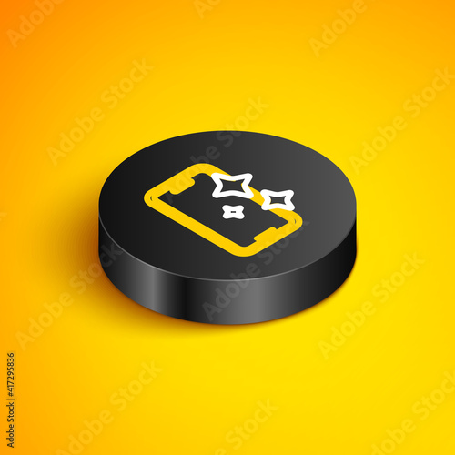 Isometric line Glass screen protector for smartphone icon isolated on yellow background. Protective film for glass. Transparent soft glass for mobile phone. Black circle button. Vector.
