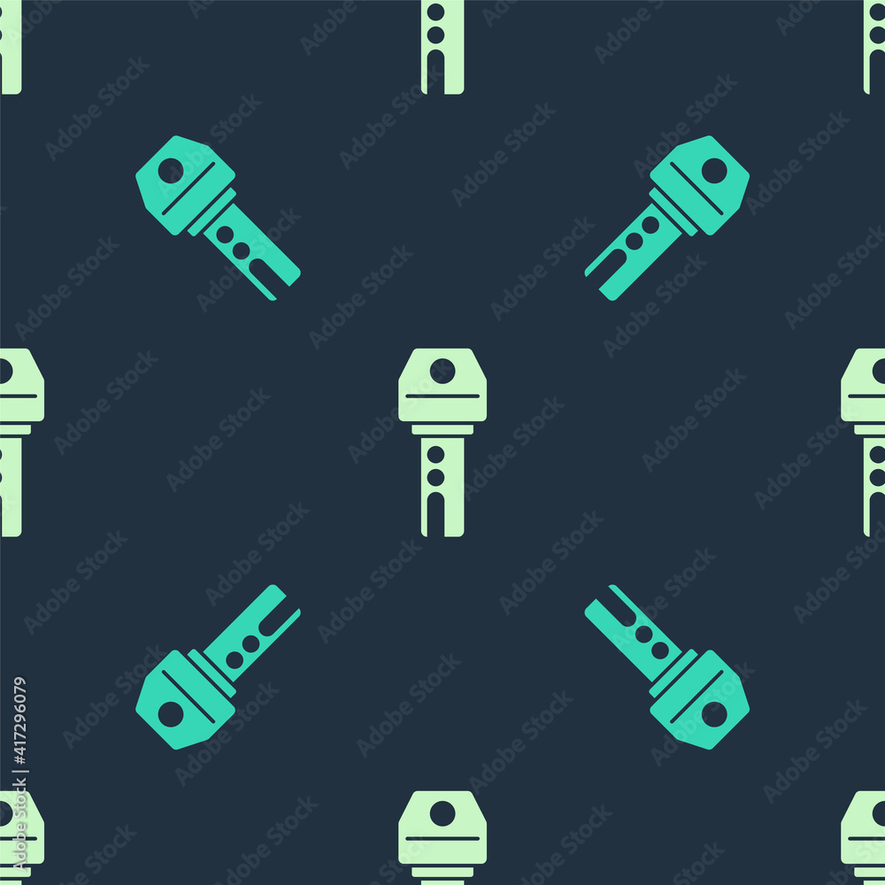 Obraz premium Green and beige Car key with remote icon isolated seamless pattern on blue background. Car key and alarm system. Vector.