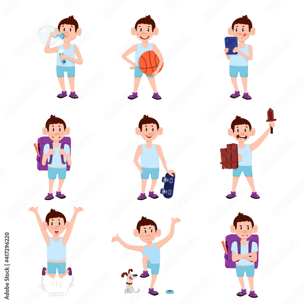 A set of poses of a boy leading an active lifestyle.