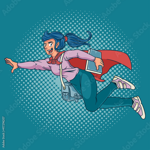 Girl superhero flying in a futuristic space suit. A smiling woman superhero fly to school carrying bags and books cartoon design with colorful pop art retro vector illustration