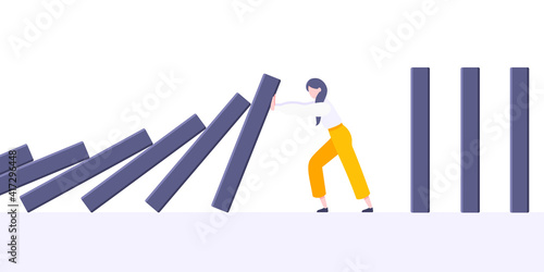 Business resilience or domino effect metaphor vector illustration concept. Adult young businesswoman pushing falling domino line business concept of problem solving and stopping domino chain reaction.