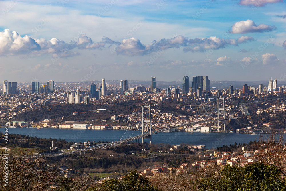 Fototapeta premium Panorama of european part of Istanbul with Bosphorus. Big city with skyscrapers.Turkey.