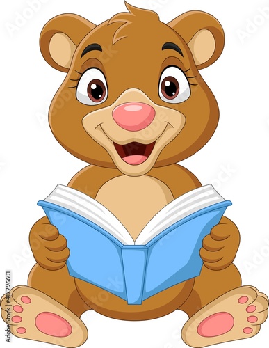Cartoon baby bear reading a book