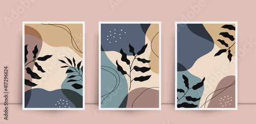 Botanical wall art abstract vector. Foliage line drawing. Neutral boho art print set. Minimal mid century wall art print for bedroom decor. Gallery decor poster, terracota colors for bohemian interior