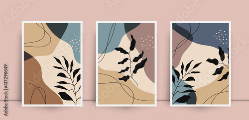 Botanical wall art abstract vector. Foliage line drawing. Neutral boho art print set. Minimal mid century wall art print for bedroom decor. Gallery decor poster, terracota colors for bohemian interior
